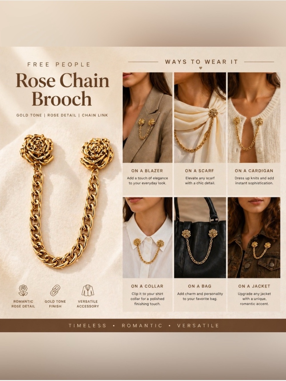set of 3 free people inspired rose brooches